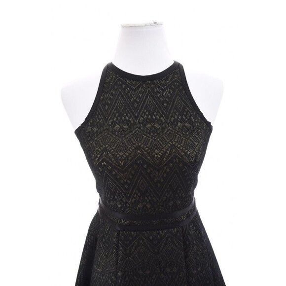 Parker Sz S Fit and Flare Black Gold Metallic Mini Dress Pleated Cut Out Back - Picture 7 of 12